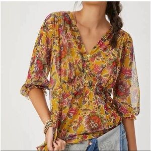 Anthropologie Gretchen smocked mesh tunic top